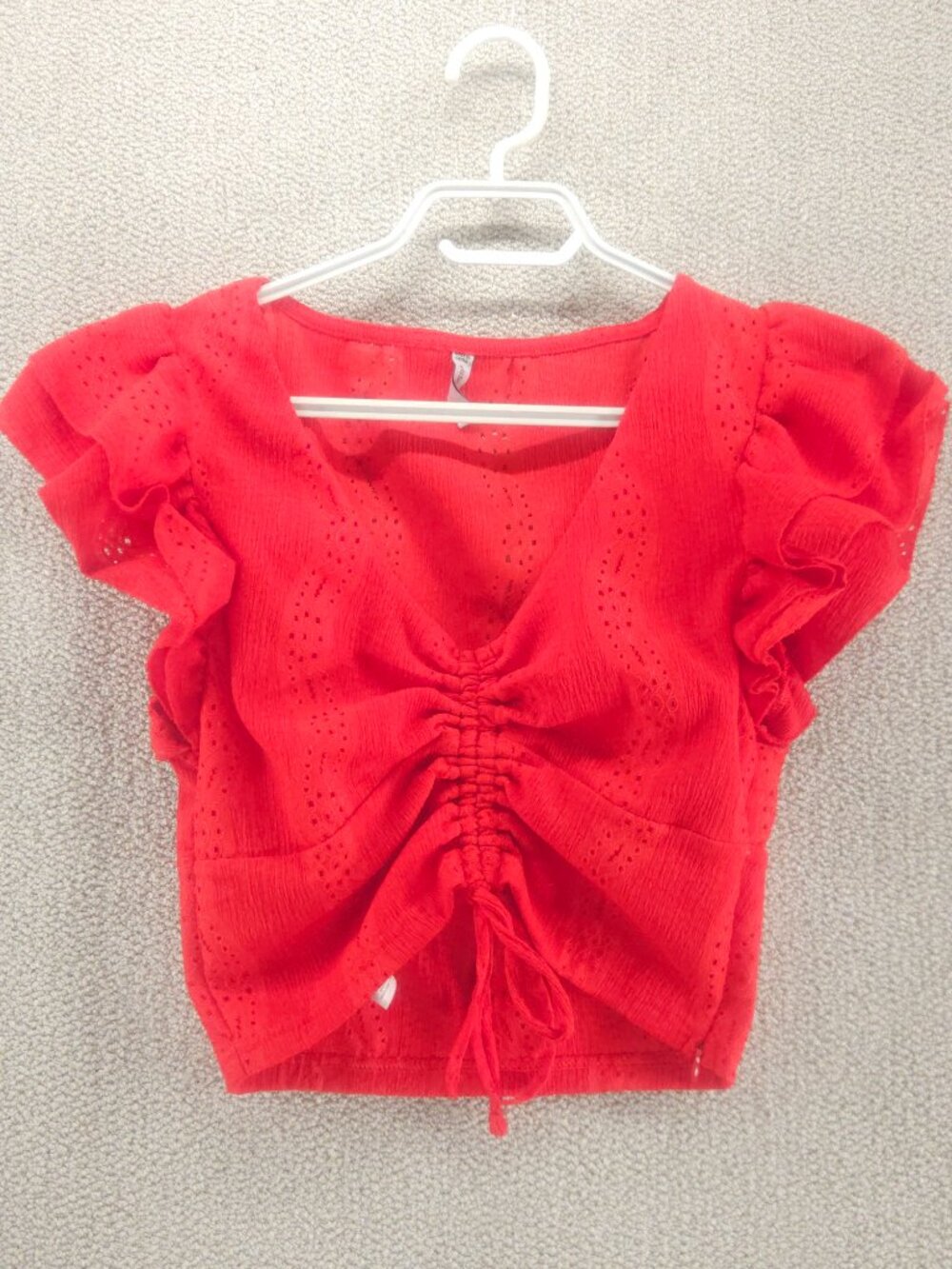 FB Sister Red Eyelet Ruffle Sleeve Ruched Drawstring Crop Top